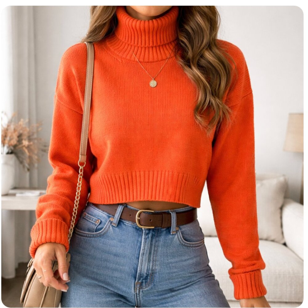 CLUB MONACO Orange Turtleneck Pullover Crop Long Sleeve Cotton Sweater size M